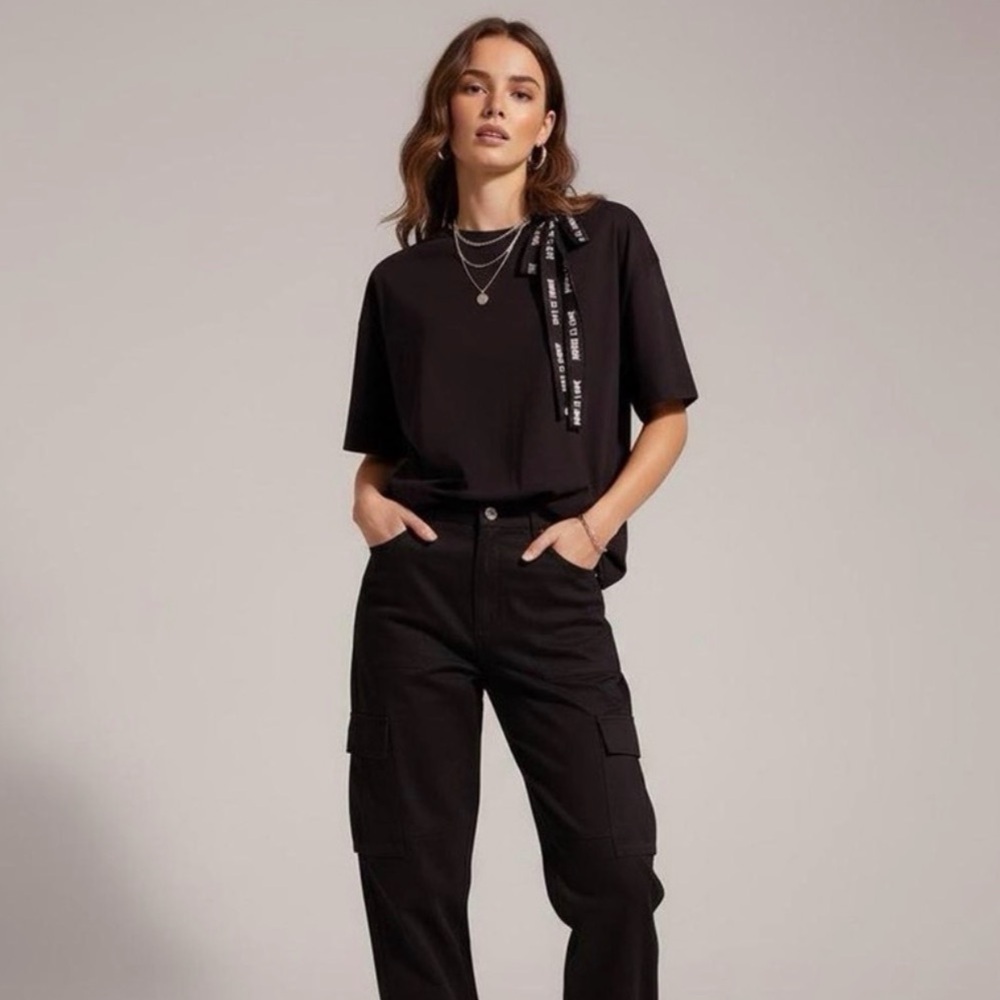 Zara Black Tee with Love Ribbon Detail